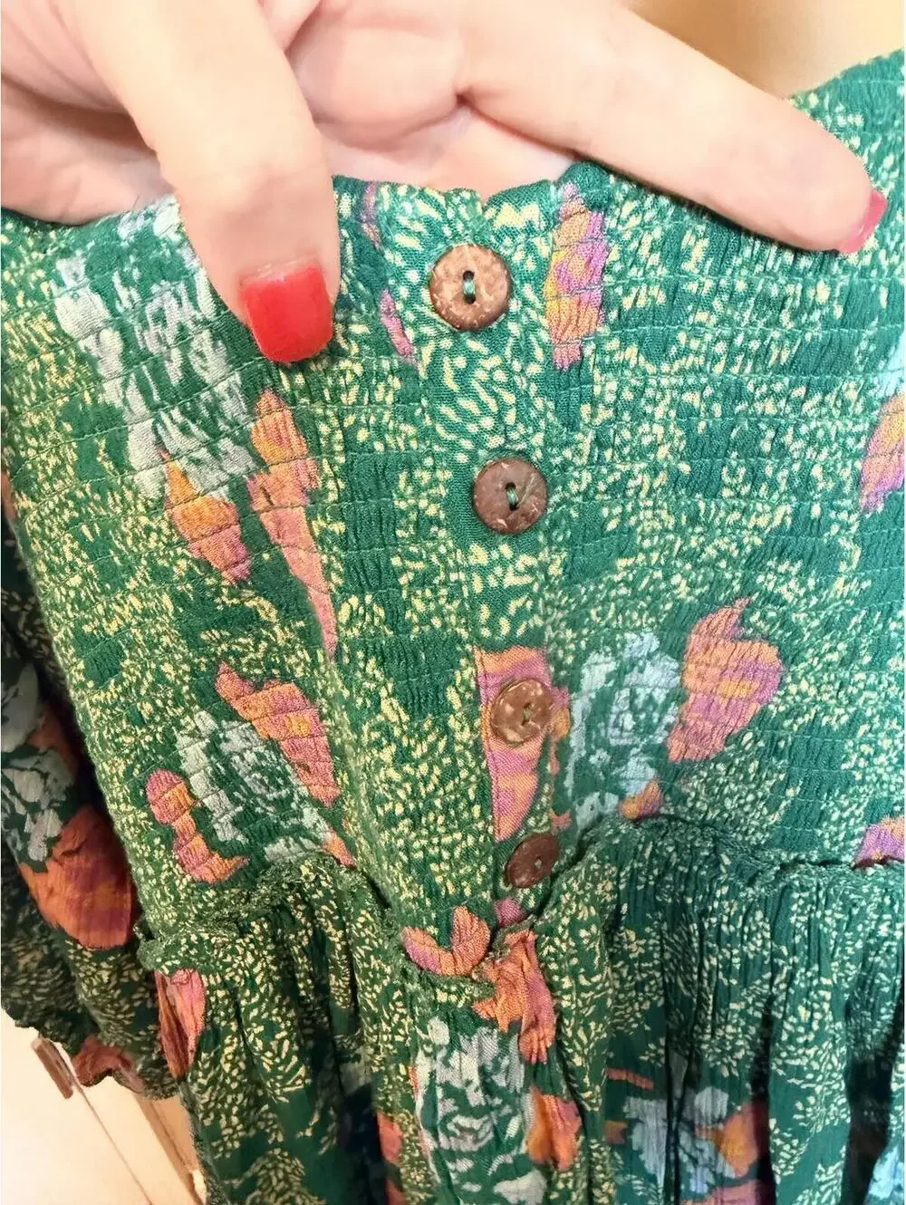 Free People NWT Green Floral Babydoll Mini Dress Size Large Boho Cottagecore